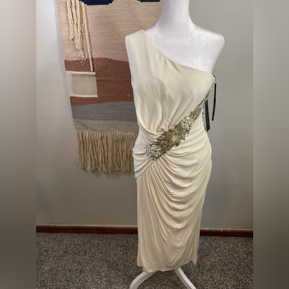 David Meister One-Shoulder Ivory Midi Dress with Gold Embellishment